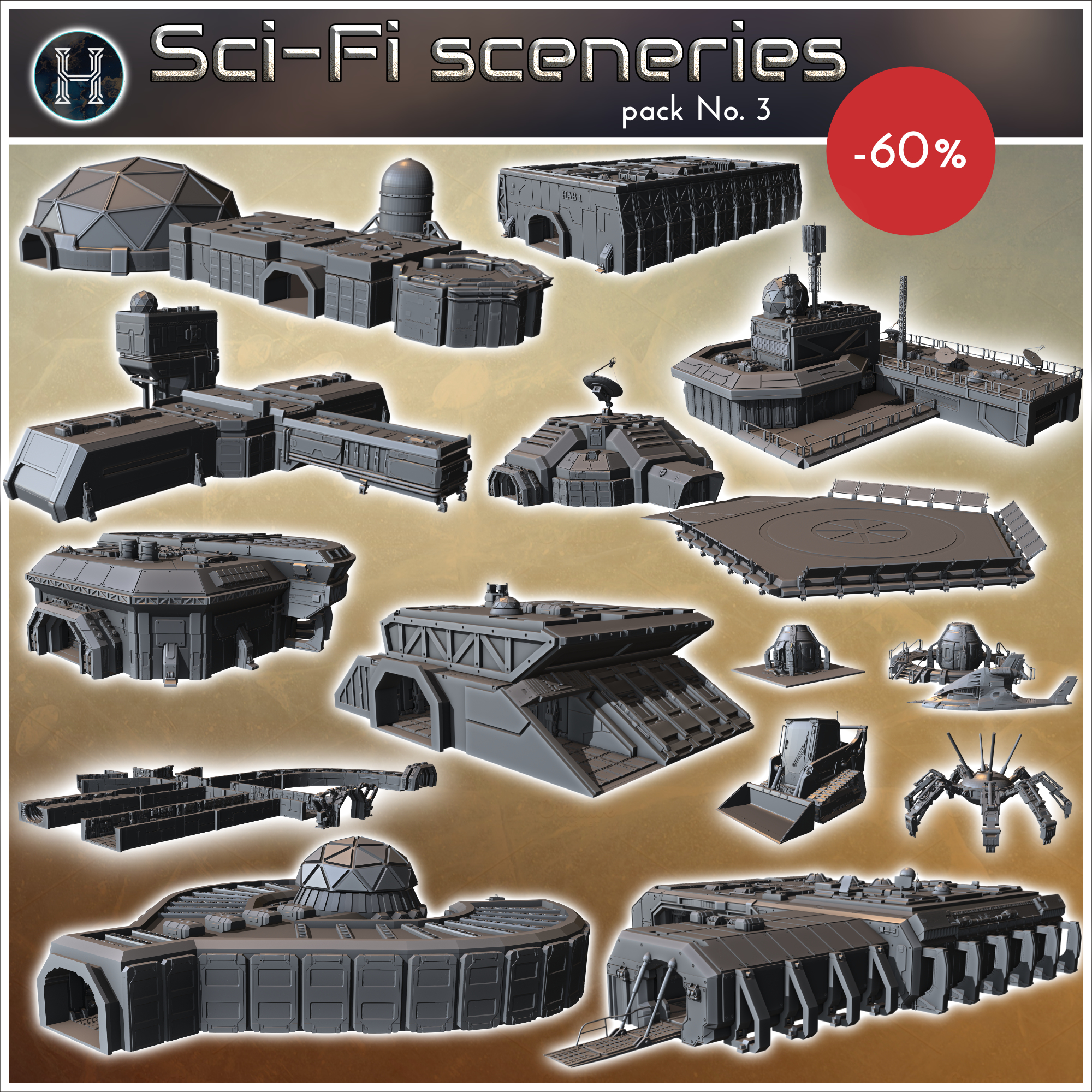 Sci-Fi sceneries pack No. 3 - Future Sci-Fi SF Post apocalyptic Tabletop Scifi Wargaming Planetary exploration RPG Terrain